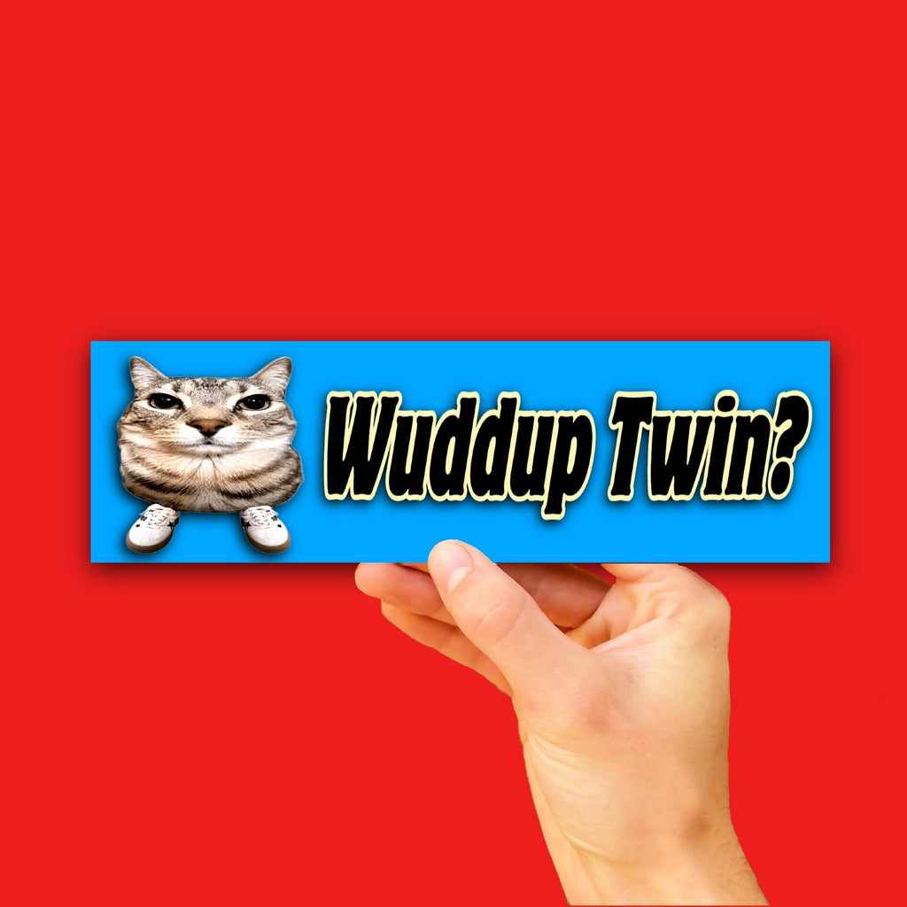 Wuddup Twin Bumper Sticker OR Magnet | Unhinged Meme Decal | Gen Z Cat | 8.5" x 2.5" Premium Weather-proof Vinyl